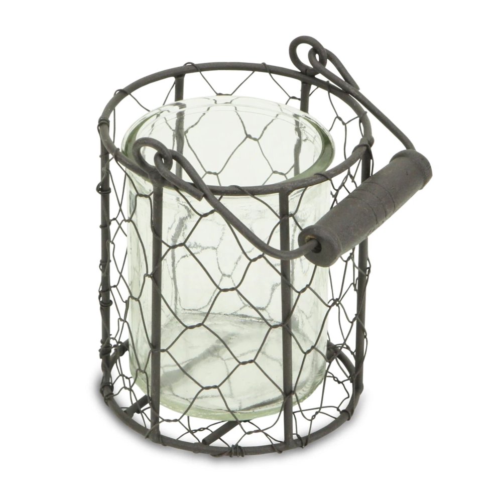 4.5" Clear and Brown Round Glass Jar in Wire Basket with Handle
