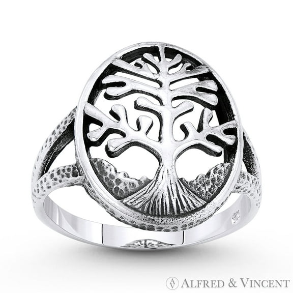 Tree-of-Life / Knowledge Etz Chaim Charm Splitshank Ring in Oxidized .925 Sterling Silver