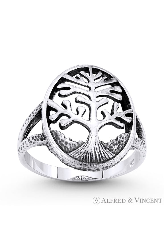 Tree-of-Life / Knowledge Etz Chaim Charm Splitshank Ring in Oxidized .925 Sterling Silver