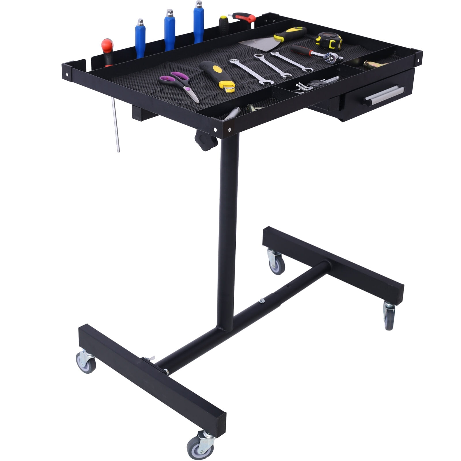 , Adjustable Tear Down Work Table with Drawer for Garages, Repair Shops, and DIY, Portable, (4) 2.5" Swivel Casters, 220 Pound Capacity, Rubber Corners, Heavy Duty Steel,black, Black ,Metal ,
