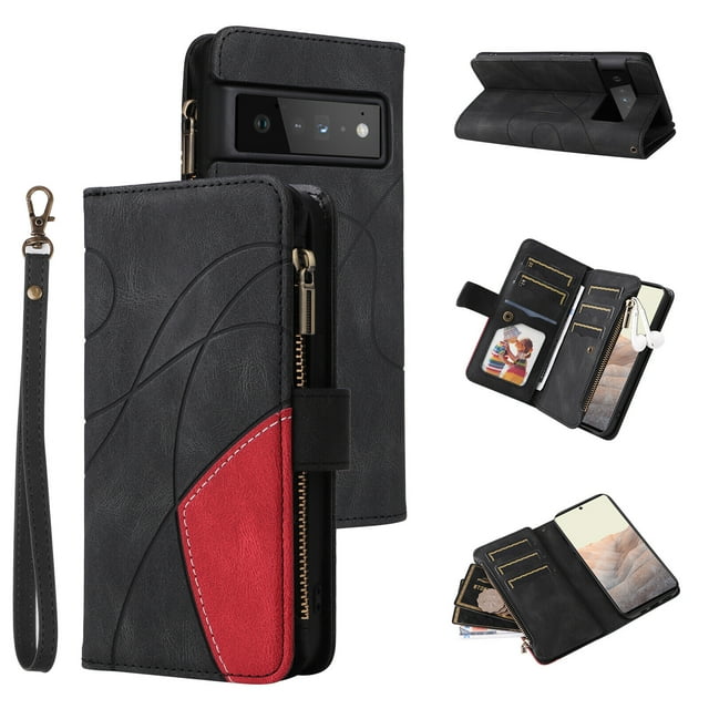 Compatible avec Google Pixel 6 Pro Étui Portefeuille avec Fentes pour Cartes en Cuir PU Fermeture Éclair Folio Rabattable