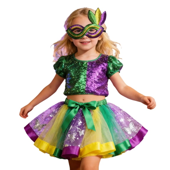Bainana Girls Mardi Gras Ballet Tutu Skirt Colorful Print Elastic Waist Multi-Layered Skirts With Mask Outfits Dance Performance Party Birthday Toddler Teen Girls Stylish Fit Skirt