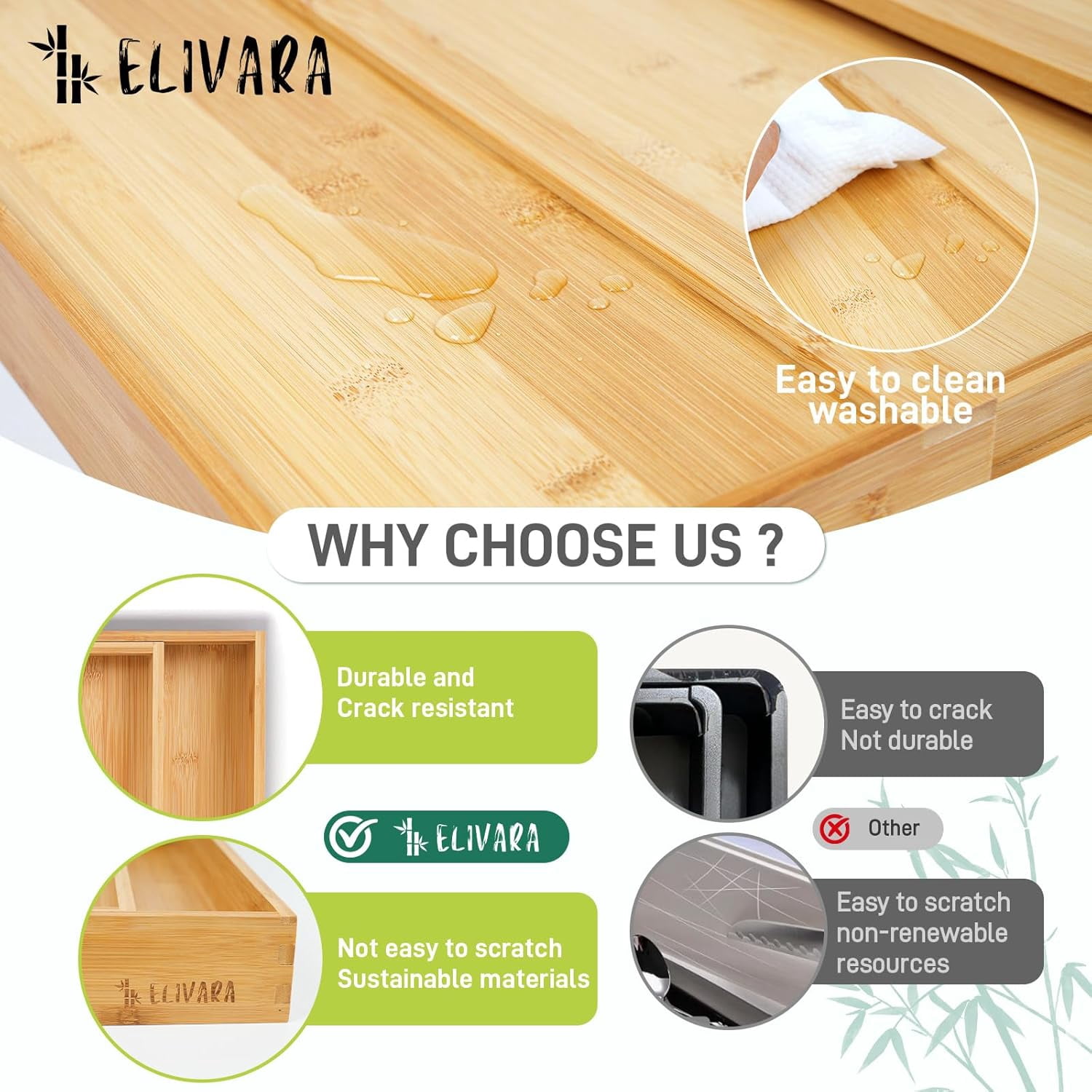 100% Bamboo Expandable Drawer Organizer - Adjustable Utensil and Cutlery Tray for Kitchen, Office, and Bathroom Storage.