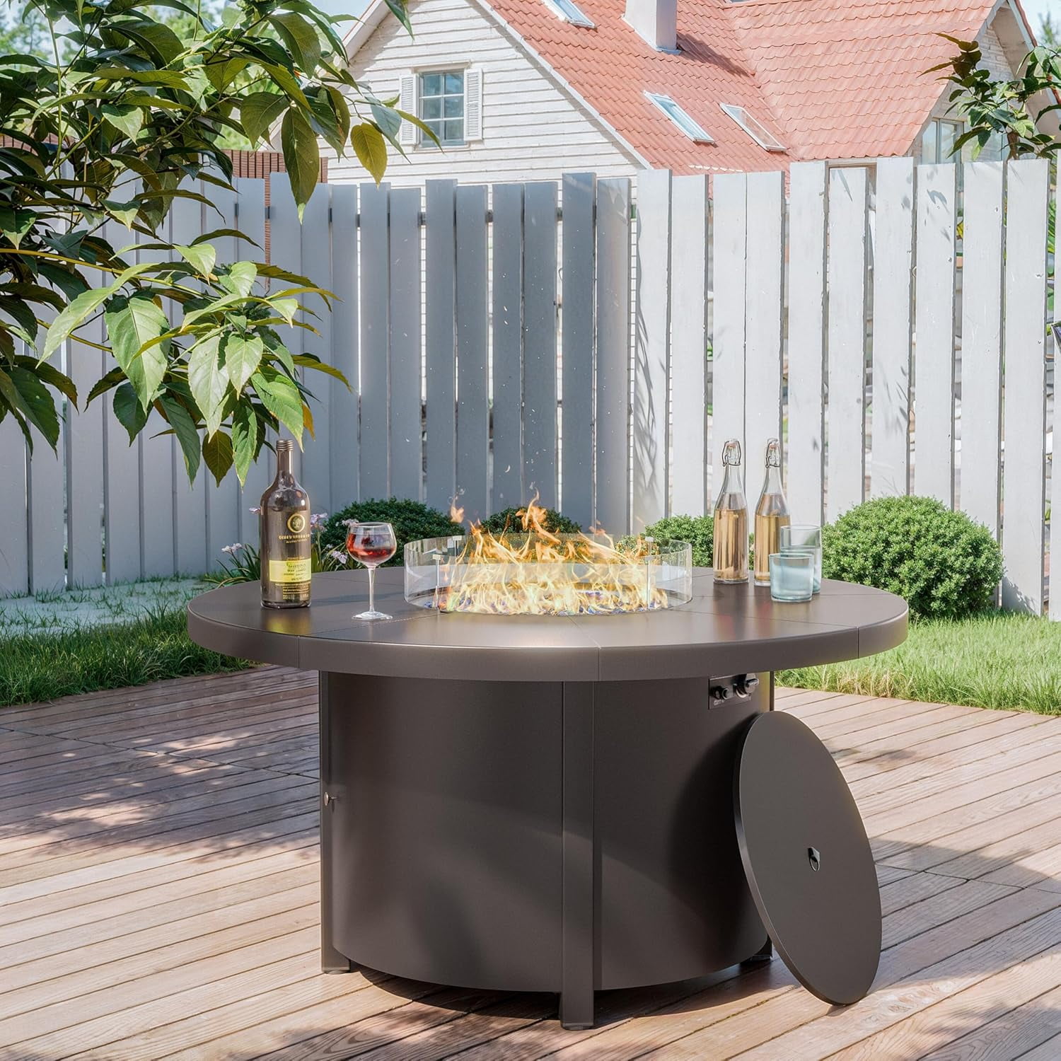 Kullavik 48 Inch Outdoor Propane Fire Pit Table,Round Firepit Table for Outside Patio,Gas Fire Table with Fire Glass,Waterproof Cover and Blue Glass Stone