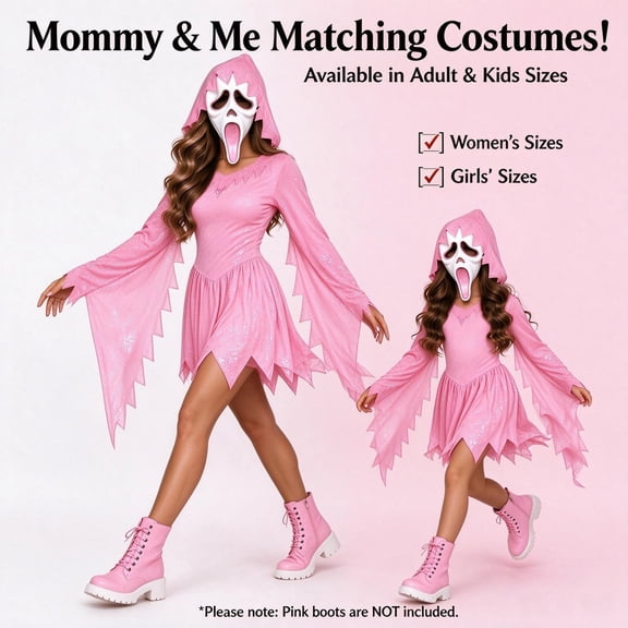 Screamy Costume Girls Pink Glitter Halloween Costume, Bling Sparkle Horror Dress with Screamy White Mask for Halloween Cosplay Party Outfit