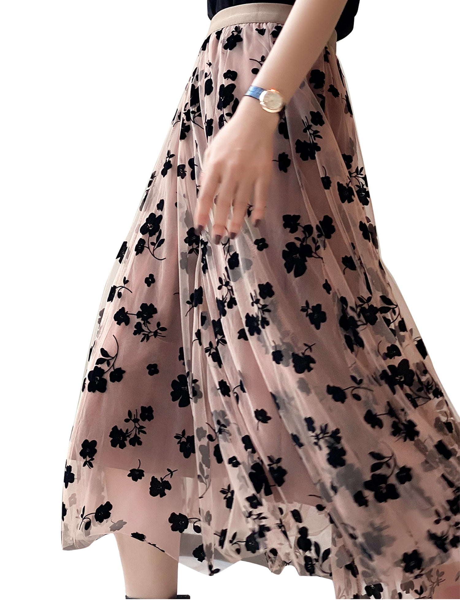 Kayotuas Women Tutu Tulle Skirt Elastic High Waist Layered Skirt Floral Print Mesh ALine Midi