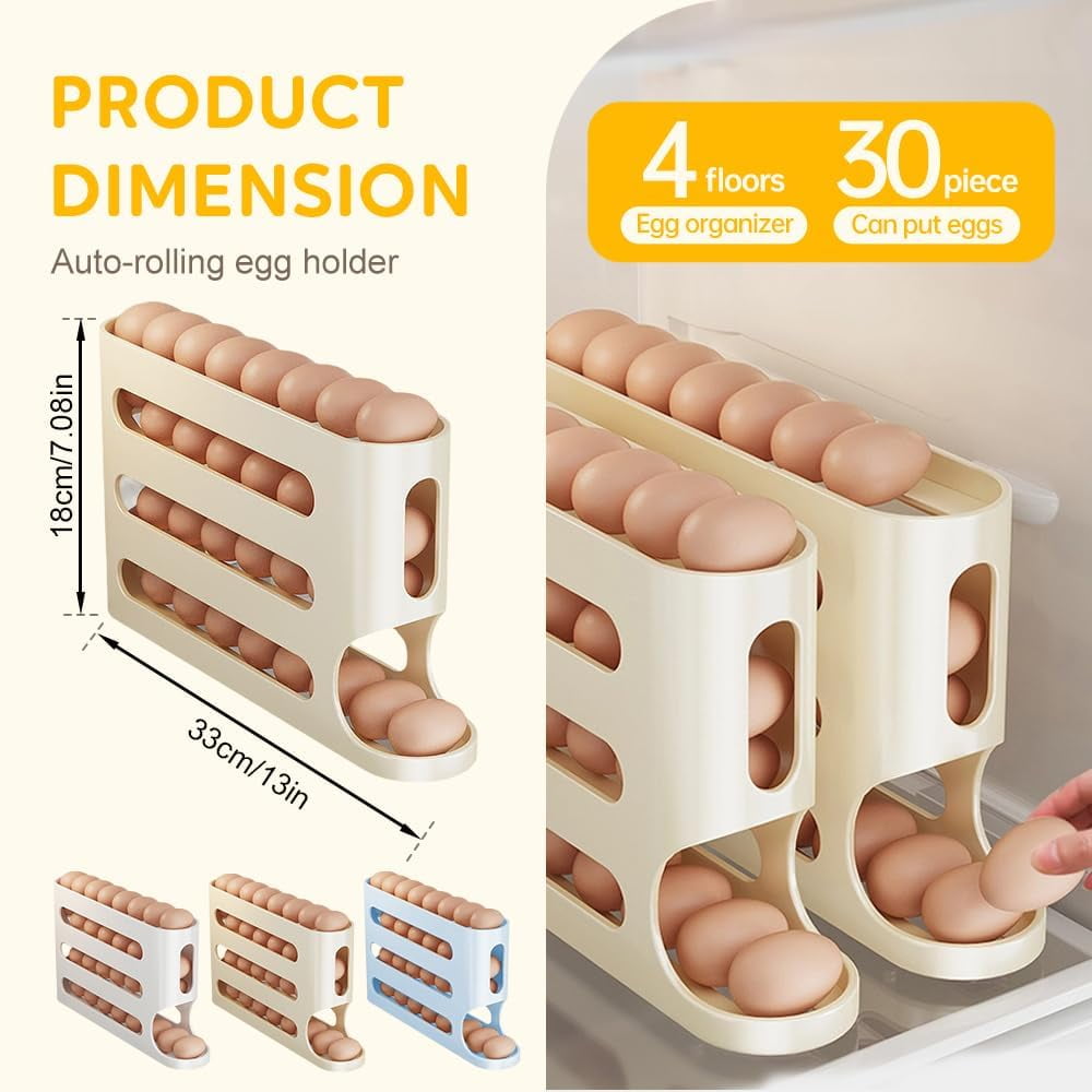 Egg Holder for Fridge, 2026 New Auto Rolling Fridge Egg Organizer, Egg Dispenser for Refrigerator, 4 Tiers Fridge Egg Rack for Refrigerator, Large Capacity/Holds 30 Eggs (Beige)