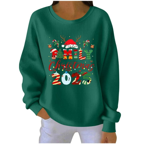 Yangnuo Womens Trendy Casual Christmas Theme Crew Neck Sweatshirts 2025 Ladies' Fashionable Loose Casual Letter Printed Long Sleeved Round Neck Sweatshirt Top