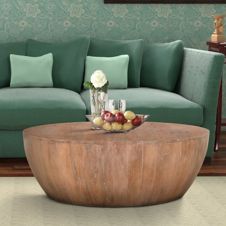 Drum Shape Wooden Coffee Table with Plank Design Base Distressed Brown