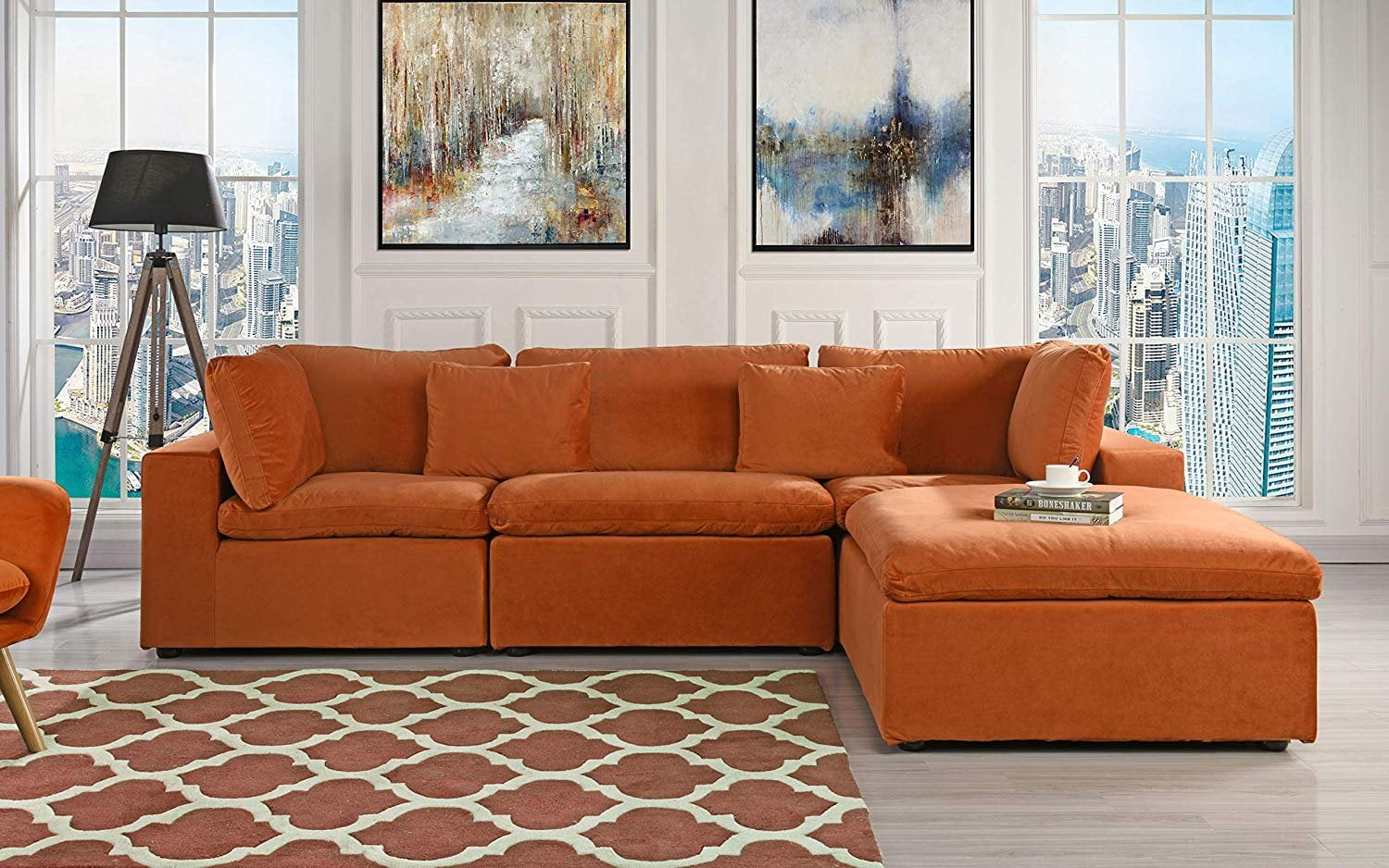 Large Configurable Microfiber Velvet Sofa L-Shape Couch, Orange