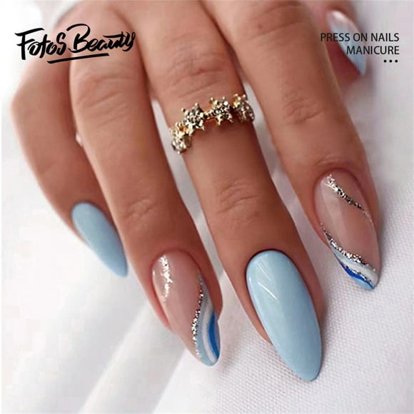 Fofosbeauty 24pcs Press on False Nails Tips, Almond Fake Acrylic Nails, Simple Blue and White Ripples