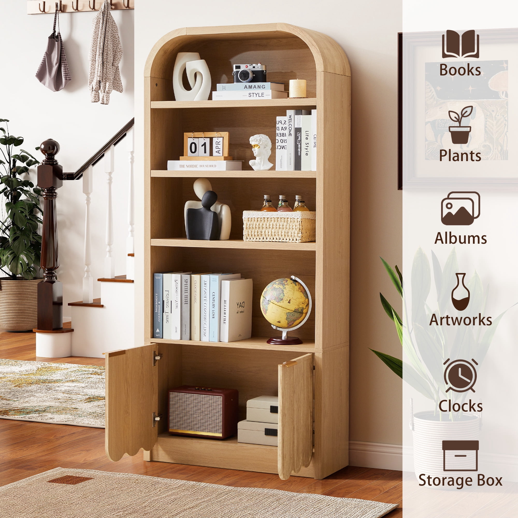 YOCWO 70" Tall Arched Bookcases with 2 Doors & 4 Shelves, Wooden Bookshelf with Wave Panel and Curved Top for Living Room Office, Natural