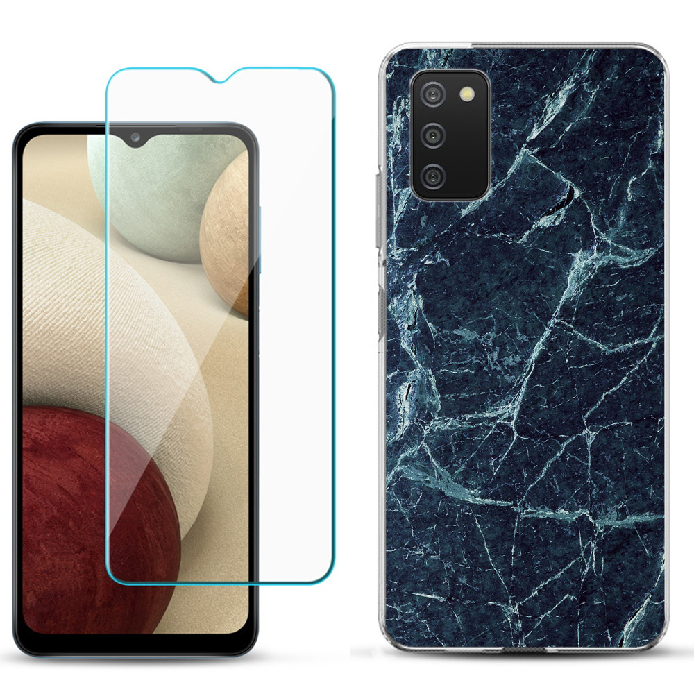 Slim-Fit TPU Phone Case Compatible with Samsung Galaxy A02s, with Tempered Glass Screen Protector, by OneToughShield ® - Marble / Blue - image 1 of 3