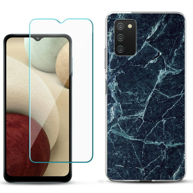 Slim-Fit TPU Phone Case Compatible with Samsung Galaxy A02s, with Tempered Glass Screen Protector, by OneToughShield ® - Marble / Blue