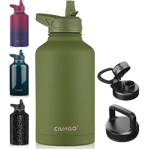 64 oz Insulated Water Bottle With Straw, Half Gallon Stainless Steel