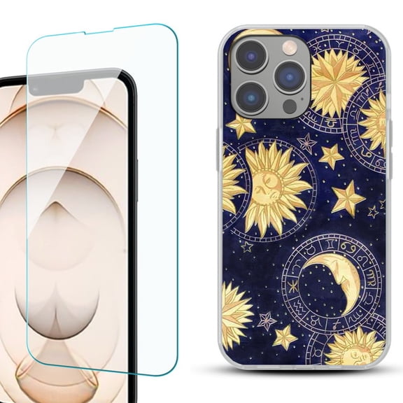 Slim-Fit Gel TPU Phone Case for iPhone 14 Pro, with Tempered Glass Screen Protector, by OneToughShield ® - Moon Sun Star