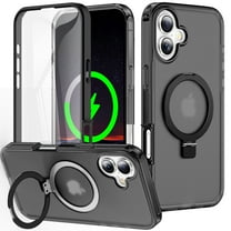 Designed for iPhone 16 Case with Magsafe Stand, Built-in Screen Protector Drop Protection Shockproof Lightweight Slim Translucent 2 In 1 Case Cover for iPhone 16, Black
