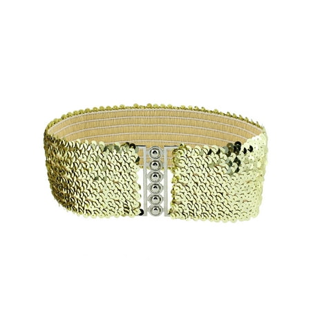 Ladies Sequin Accent Interlock Buckle 6.5cm Wide Elastic Waist Belt Gold Tone