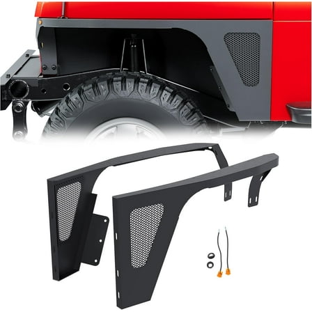 HECASA Front Fender Flares Compatible with 1987-1995 Jeep Wrangler YJ Body Armor Rocker Guards with LED Eagle Lights Powder Coated Steel Driver and Passenger Side