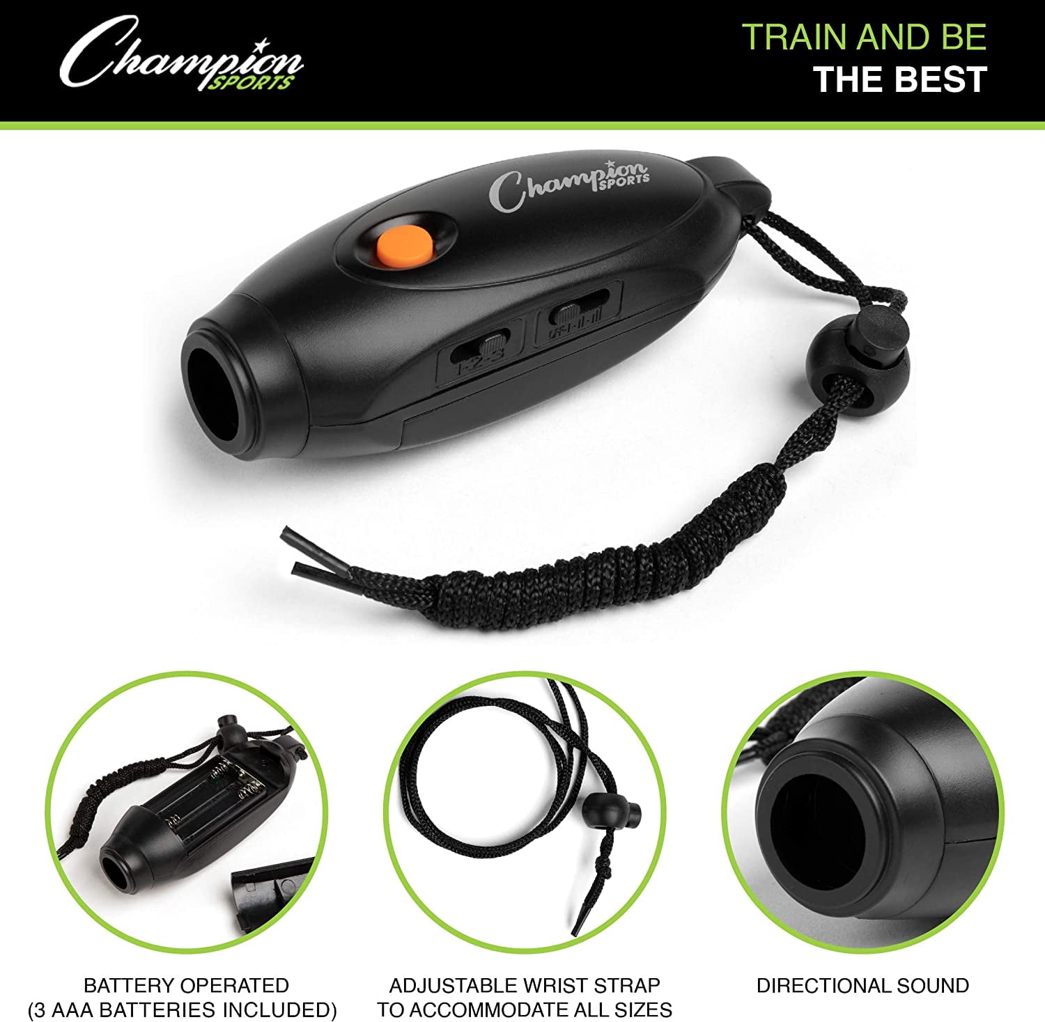 Champion Sports Electronic Hand Whistle, Three Tone-for Sports Coach, Referee, PE Teacher, Lifeguard, & Personal Use -Push Button, Handheld, Indoor and Outdoor, Adjustable Volume & Wrist Strap Black