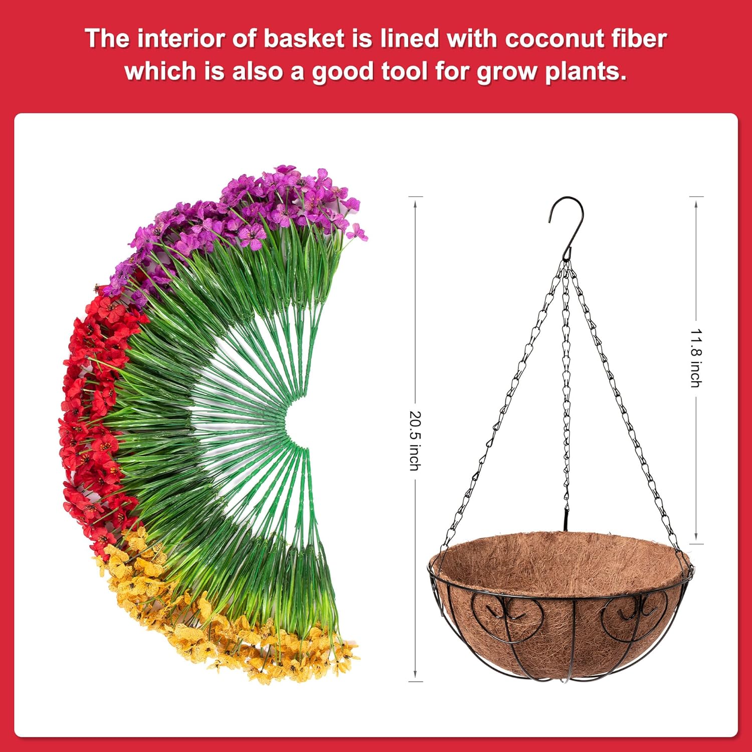 Artificial Faux Hanging Plants Flowers Basket for Spring Summer Outdoor Porch Decor, Fake Silk Colorful Daisy Eucalyptus in Planter UV Resistant Look Real Patio Balcony Yard(Red Purple Yellow)