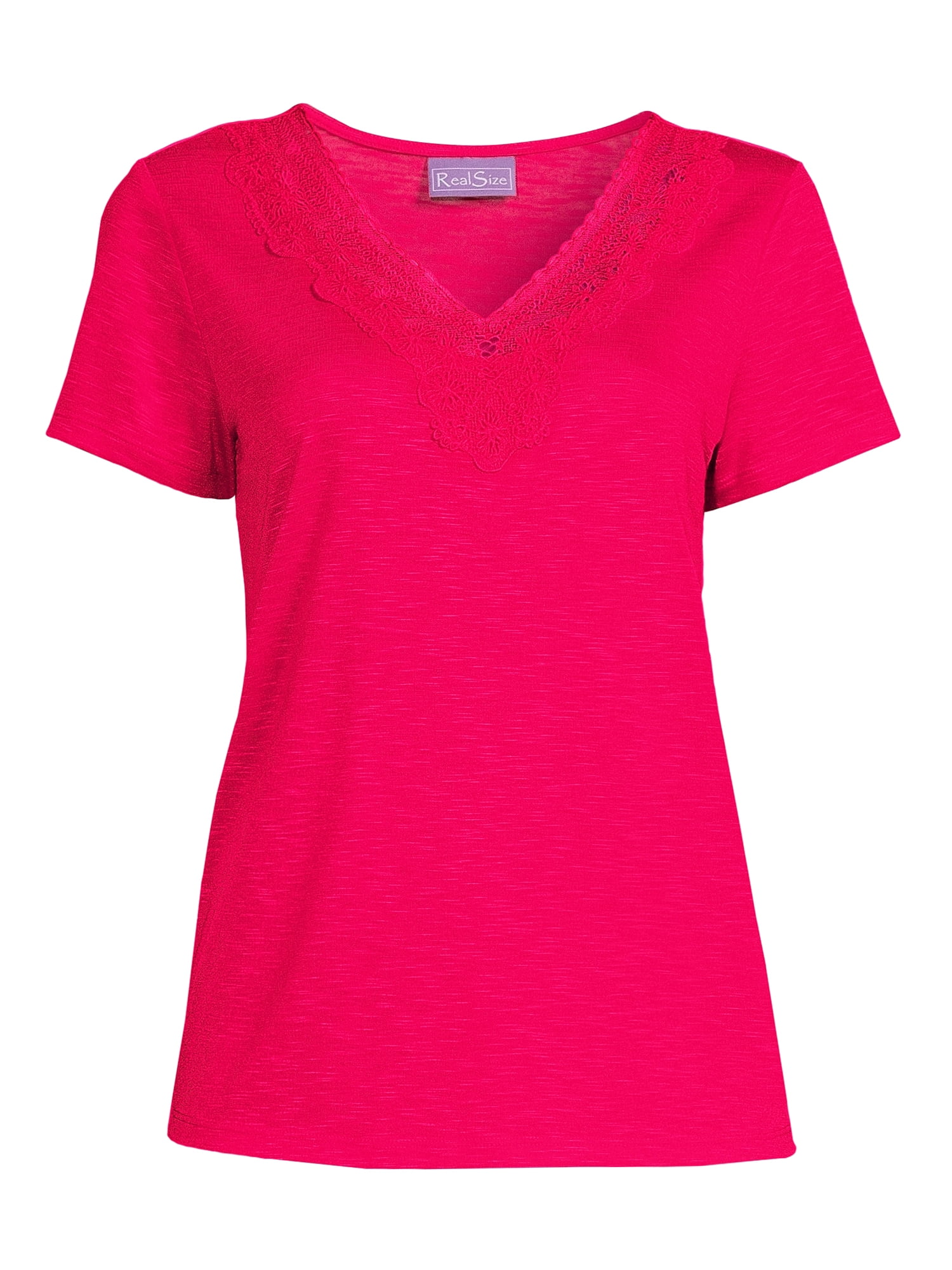 RealSize Women's Lace V-Neck Tee with Short Sleeves, Sizes XS-XXXL