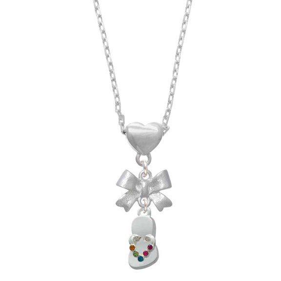 Delight Jewelry Silvertone Multicolored Crystal Flip Flop Silver tone Bow Heart Necklace