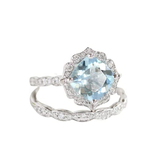 HeartsAndYou 2ct Natural Blue Aquamarine Bridal Set Engagement Ring 100% 14k SOLID White Gold