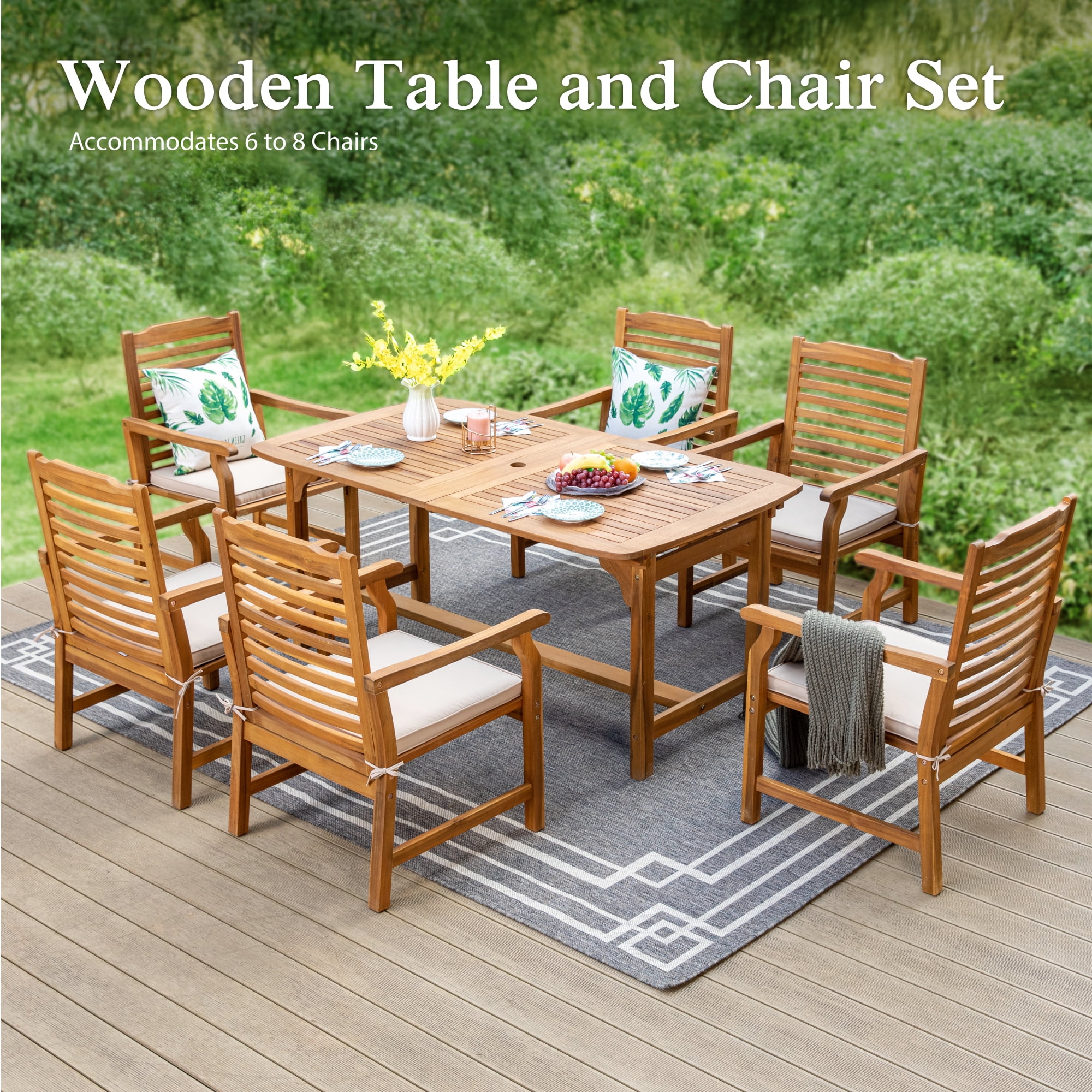 Sophia & William 7 Pieces Patio Dining Set Acacia Wood Outdoor Furniture Set Expandable Table and Natural Wood Chairs with Cushions for Lawn, Garden, Backyard
