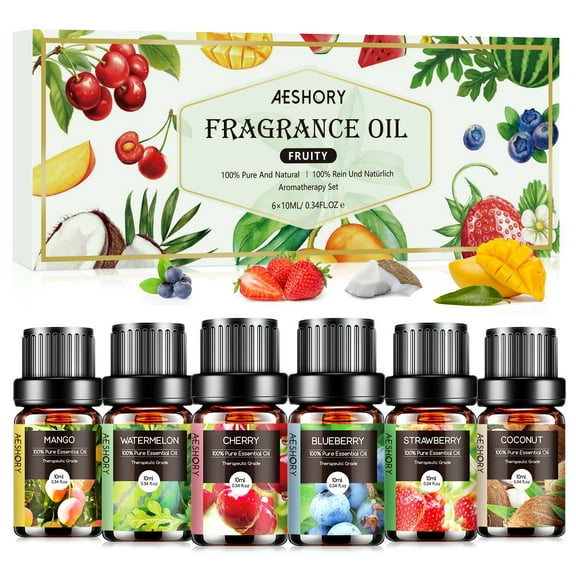 Aeshory Fruity Fragrance Oils Set - 6x10ML Fruit Essential Oil for Diffuser, Aromatherapy, Candle Making