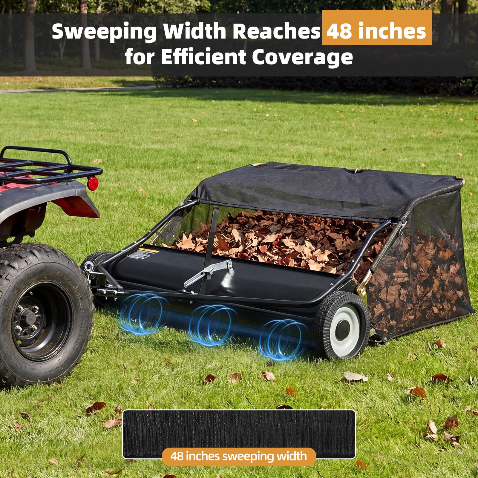 JFHID 48-Inch Tow-Behind Lawn Sweeper with16 Cu.Ft Large Hopper Pull Behind Grass & Leaf Collector for Yard