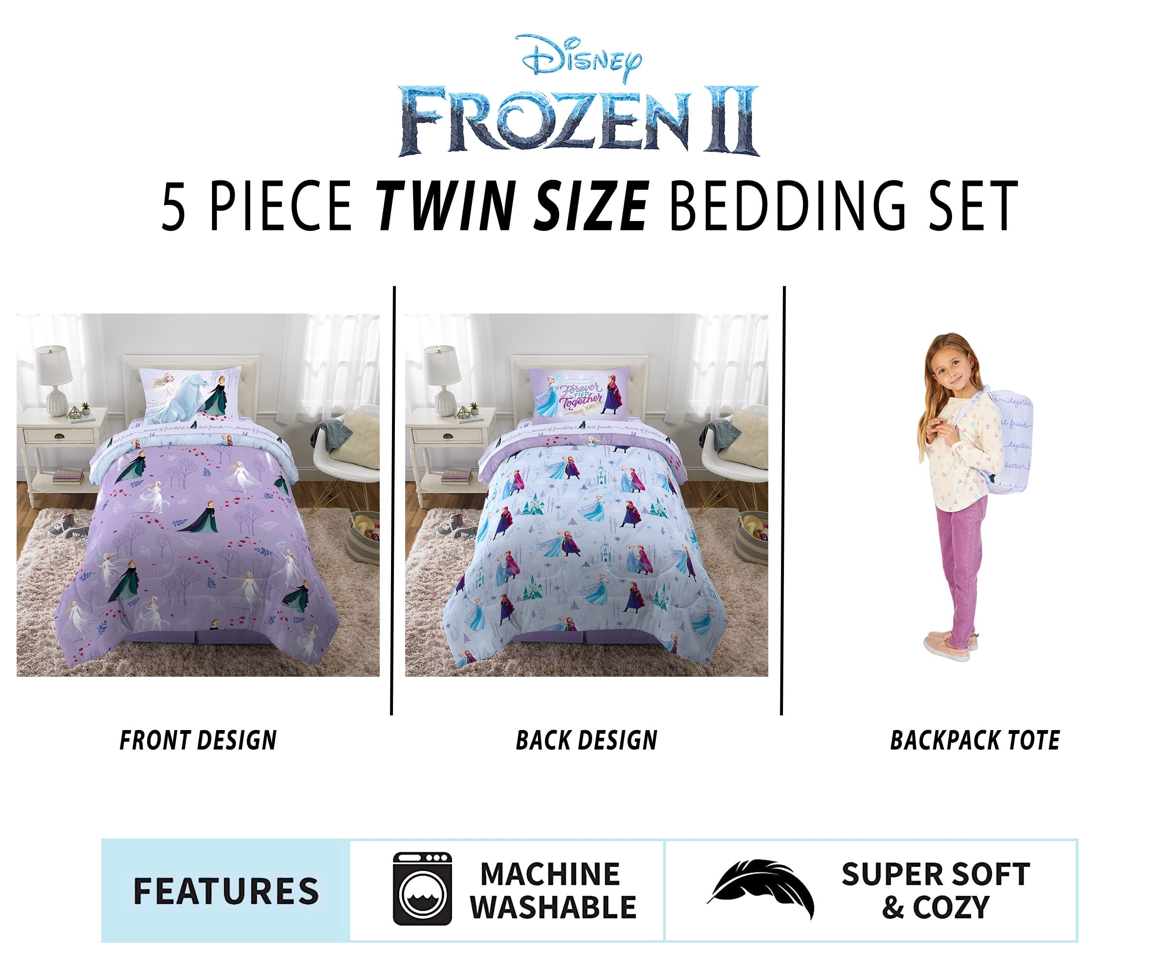 Disney Frozen Kids Twin Bed in a Bag, Comforter Sheet Set and Bonus Tote, Purple