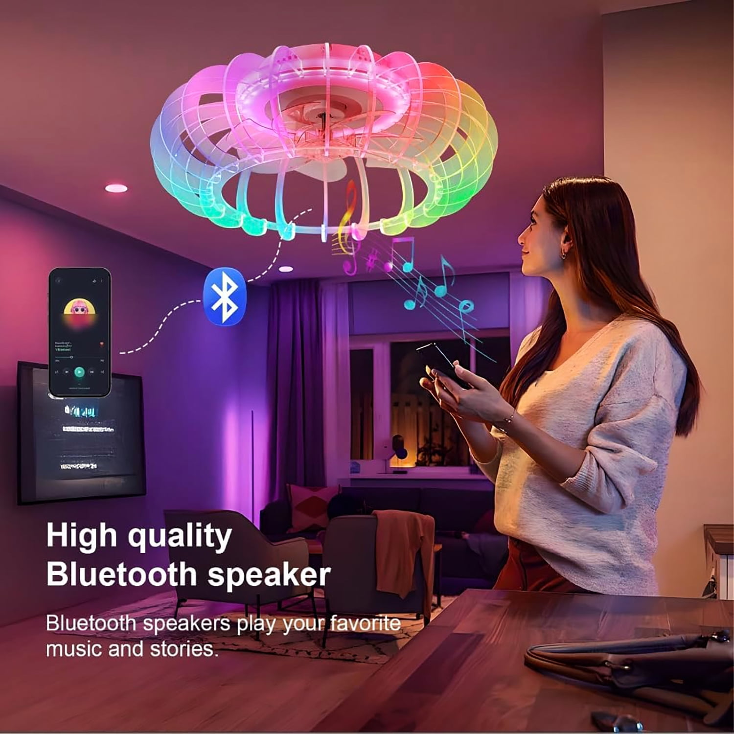 21-inch Low Profile Bladeless Ceiling Fan with Light, Bluetooth Speaker, Remote Control, 6 Wind Speeds, Dimmable LED with RGB Colors, Reversible Quiet Motor for Bedroom, Living Room, Kids Room