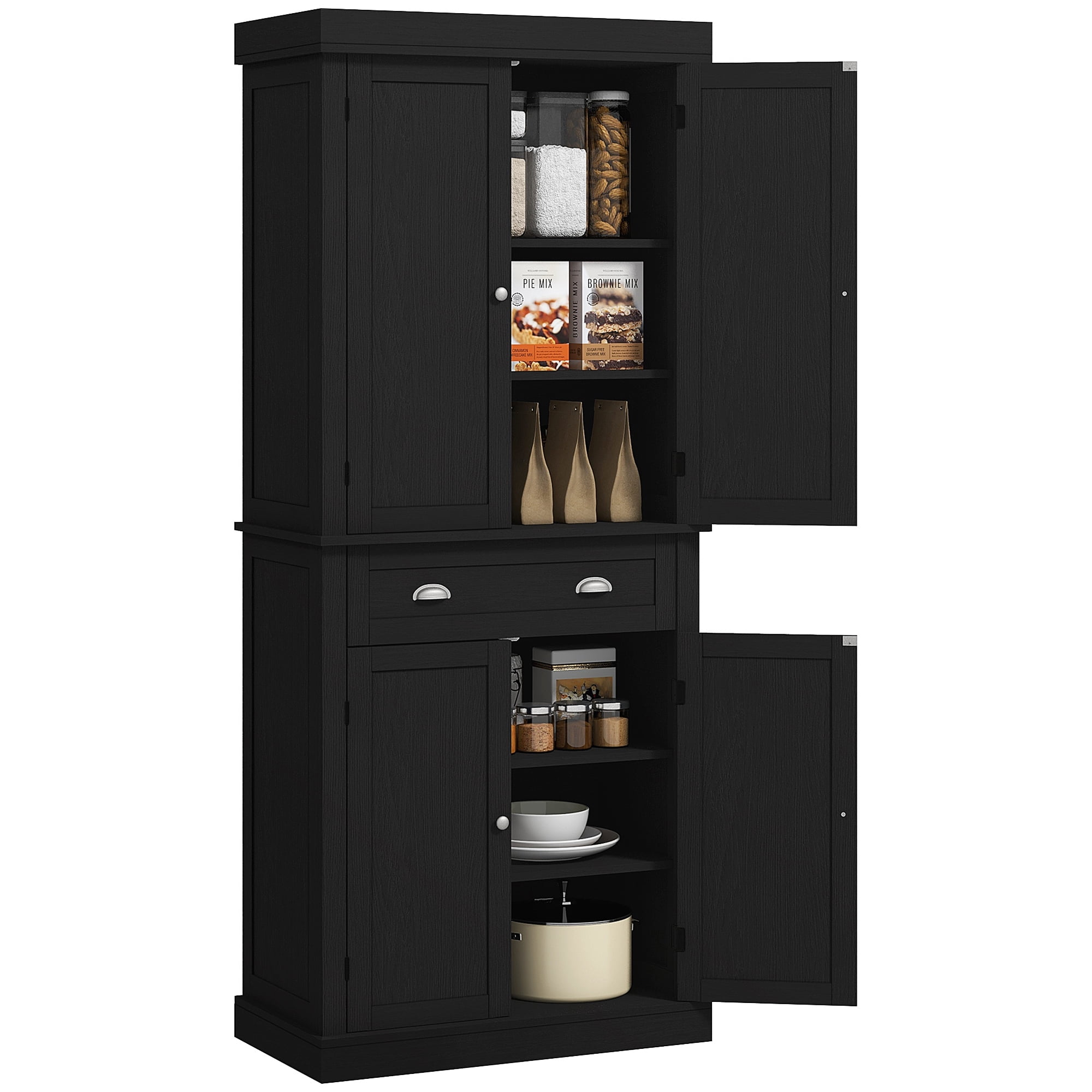 HOMCOM 72.5" Traditional Freestanding Kitchen Pantry Cupboard with 2 Cabinet, Drawer and Adjustable Shelves, Black Wood Grain