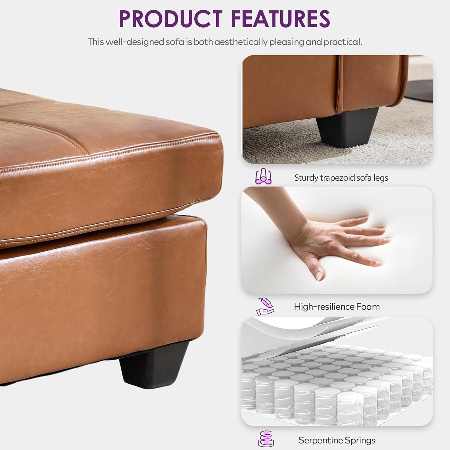 LAZZO Leather Ottoman, Square Faux Leather Bench with Extra Deep Cushion, Multi-Functional Footrest & Extra Seating for Living Room Bedroom, Brown