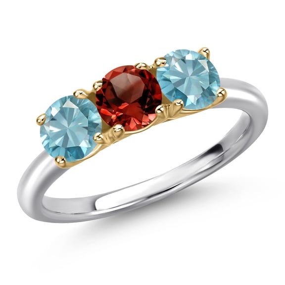 Gem Stone King 925 Silver and 10K Yellow Gold Red Garnet and Blue Zircon Engagement Ring for Women | 2.25 Cttw | Round 5MM | Gemstone January Birthstone | Size 6