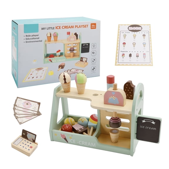 Wooden Ice Cream Counter Playset for Kids, Toddler Girl Toys Kitchen Playset Pretend Play Gifts for 3 4 5 6 Year Old Girl or Boy, Play Kitchen Sets for Kids Ages 1-8