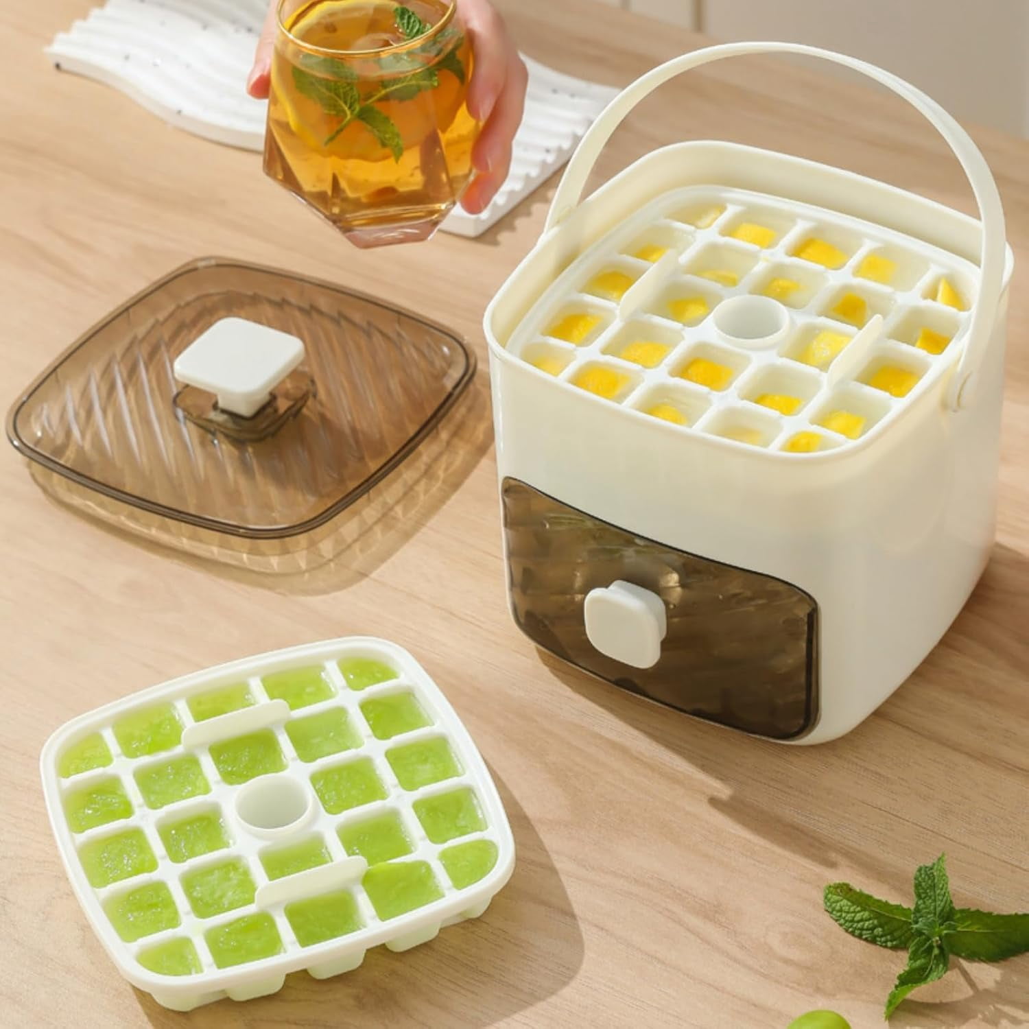 48-Compartment Portable Ice Cube Maker, Hand-Press Ice Tray with Storage Bin, Includes Lid, Bin, and Tongs, for Whiskey, Cocktails, Coffee, Office and Outdoor Use (Green)