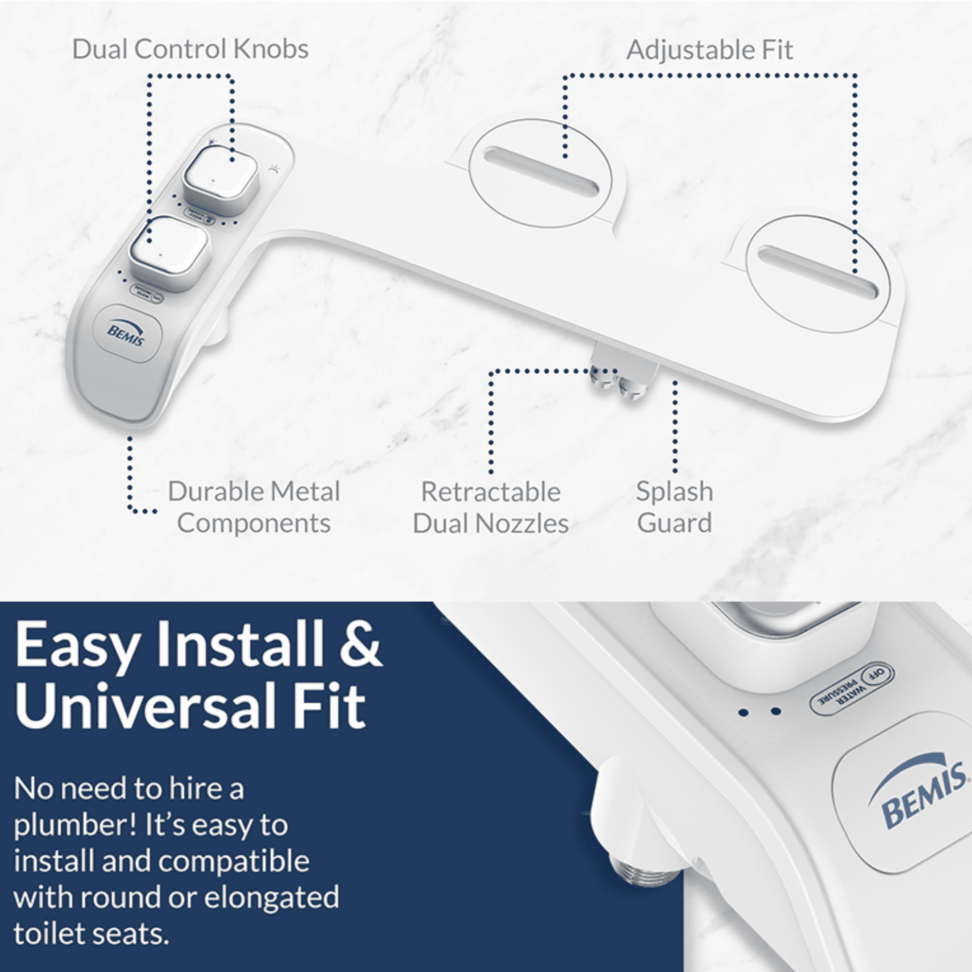 Bemis WS100 Wellspring Bidet Attachment, Fresh Water Spray, Non Electric, Easy to Install, White Toilet Seat