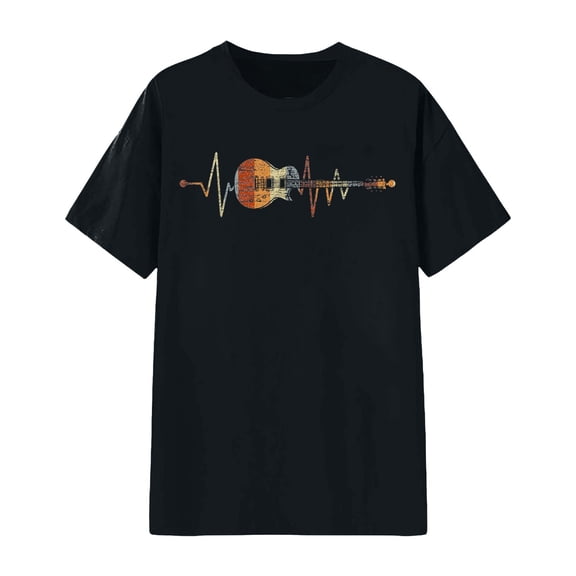 Tiweut Womens Casual Tops Retro Heartbeat Guitar Graphic Short Sleeve Round Neck T-Shirt,Black,L