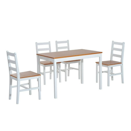 Pine Dining Table Set Five Piece Solid Pine Wood Table and High Back Chair Dining Set - White/Natural Wood ()