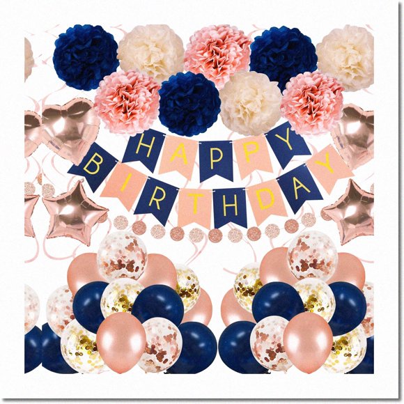 Kit de Célébration Rose Doré Marine : Ensemble de 61 Ballons avec Pompons Floraux, Corde Ronde - Parfait pour les 1er, 16e, 21e, 25e, 30e, 35e, 40e Anniversaires - Idéal pour Femmes et Filles
