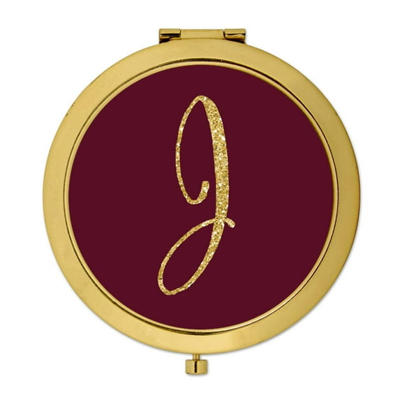 Koyal Wholesale Gold Compact Mirror Bridesmaid's Wedding Gift, Burgundy Maroon Jewel Tone , Monogram Letter J, 1-Pack