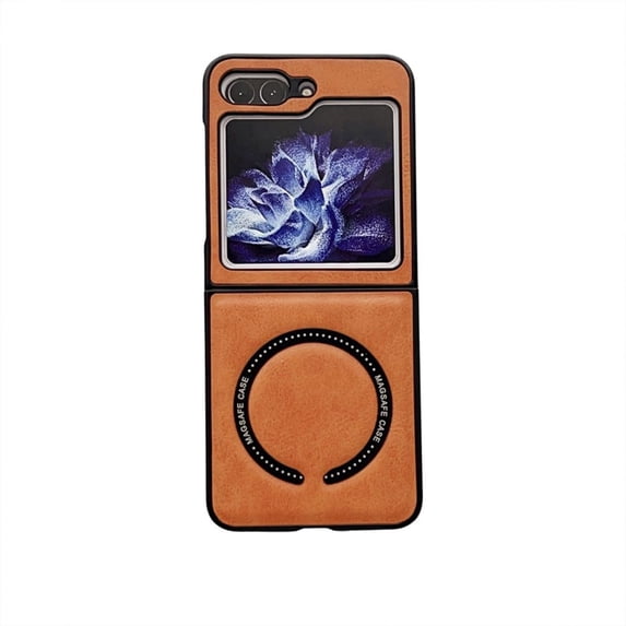 Frusde Compatible with Samsung Galaxy Z Flip 5 Leather Magnetic Magsafe Case Slim Shockproof Business Case-Brown