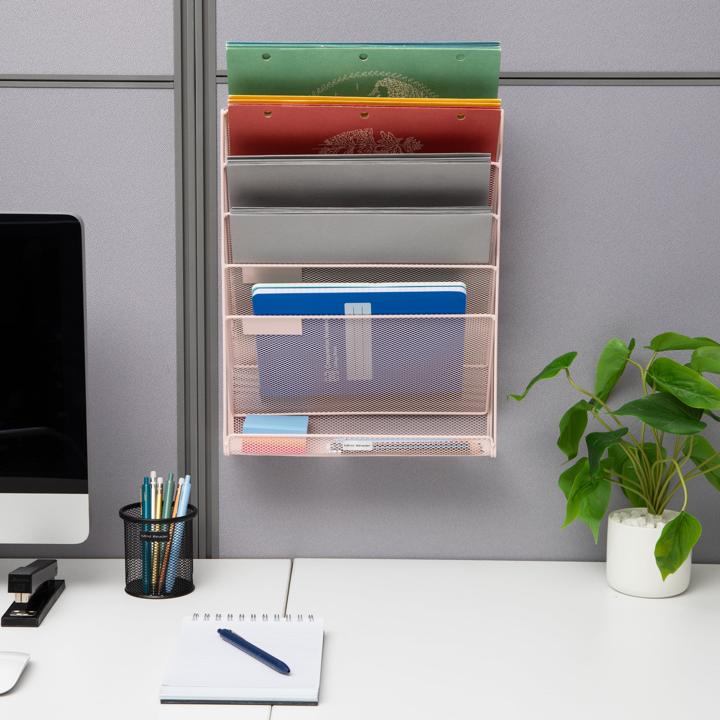 Mind Reader 5-Tier Vertical File Storage, Desktop Organizer, Wall Mount, Office, Metal, Pink