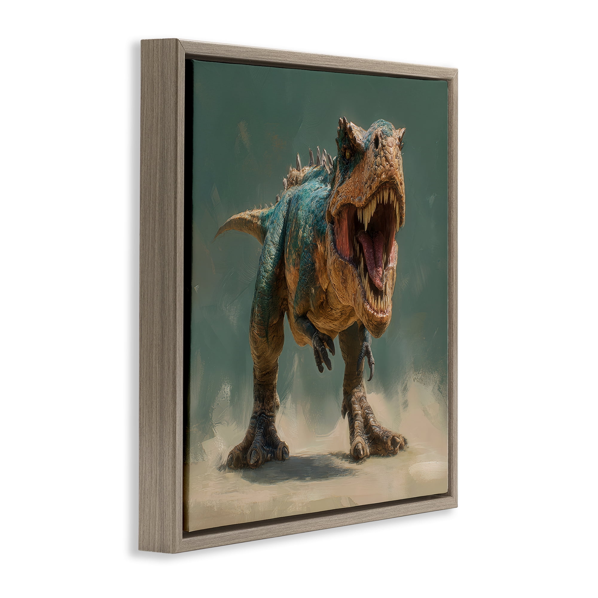 Stupell Industries Roaring T-Rex in Green Brown Framed Floater Canvas Wall Art, design by Wumples