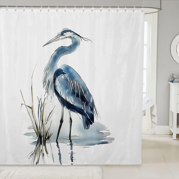Watercolor Blue Heron Shower Curtain Fabric Bathroom Decor with Hooks 71x71 inches