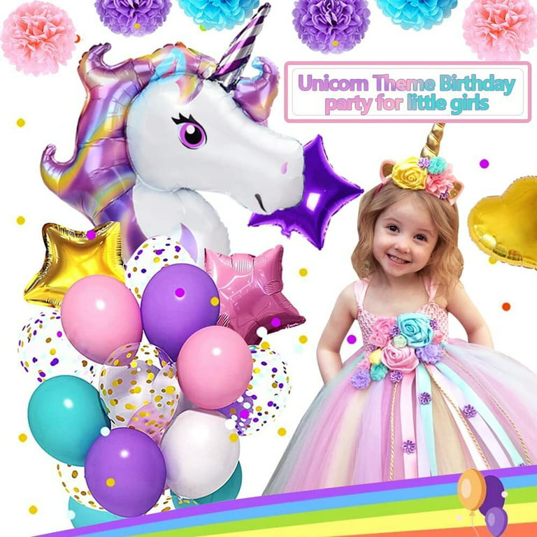 Unicorn Birthday Decorations for Girls, 27.6'' Foil Unicorn Balloons 18''  12'' Confetti Purple Pink Blue Latex Balloons Kit with Happy Birthday  Banner Tassels for Unicorn Party Supplies & 2 Pcs Tools