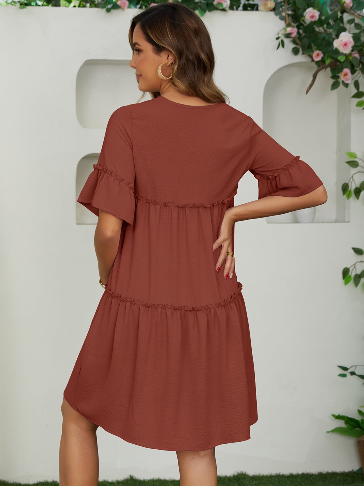 DARING DIVA Women's Maternity Ruffled Short Sleeve Tiered Fit Babydoll Dress 2XL Brown
