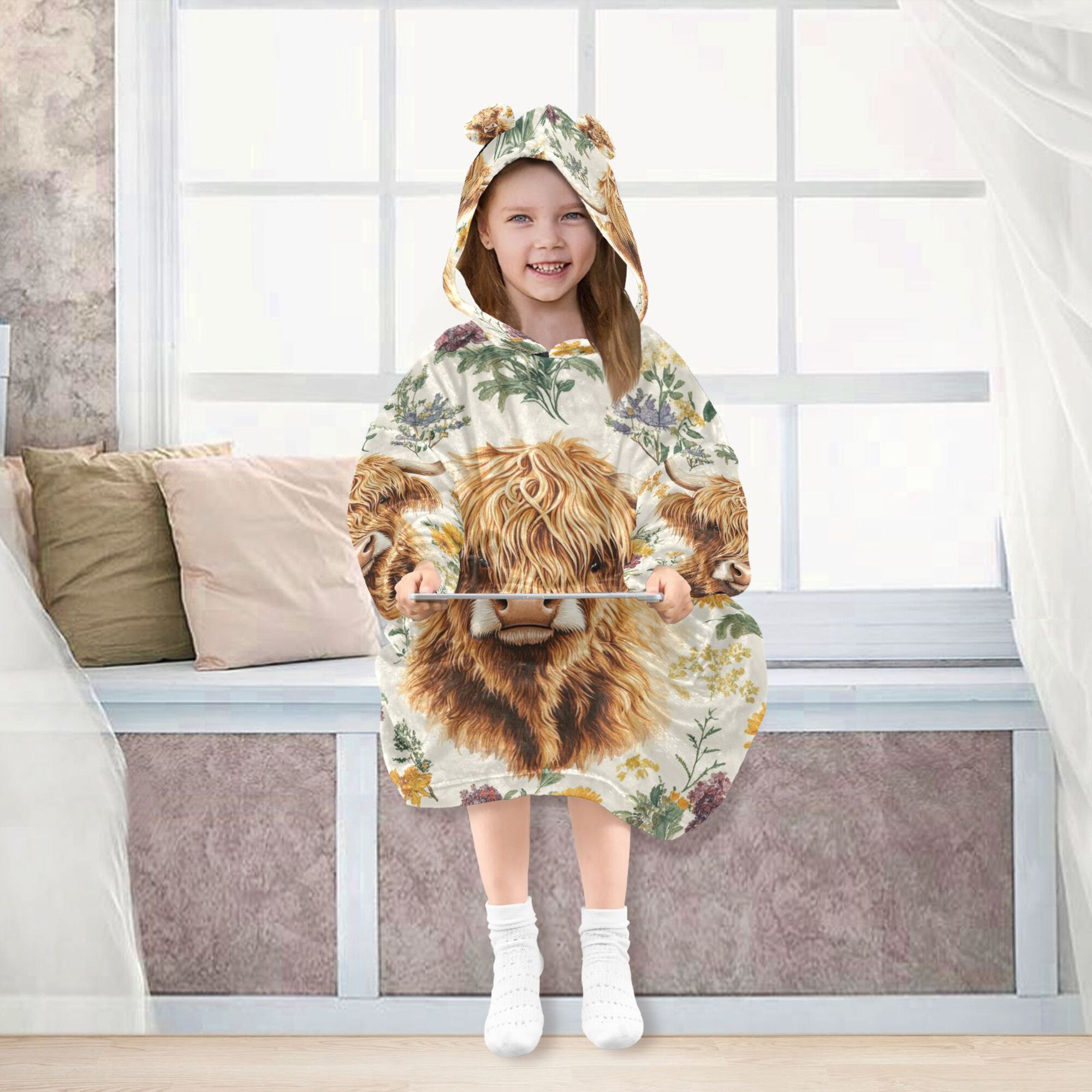 FORMRS Wearable Blanket Hoodie with Sleeves for Kids Cozy Flannel Sweatshirt, Floral Cow